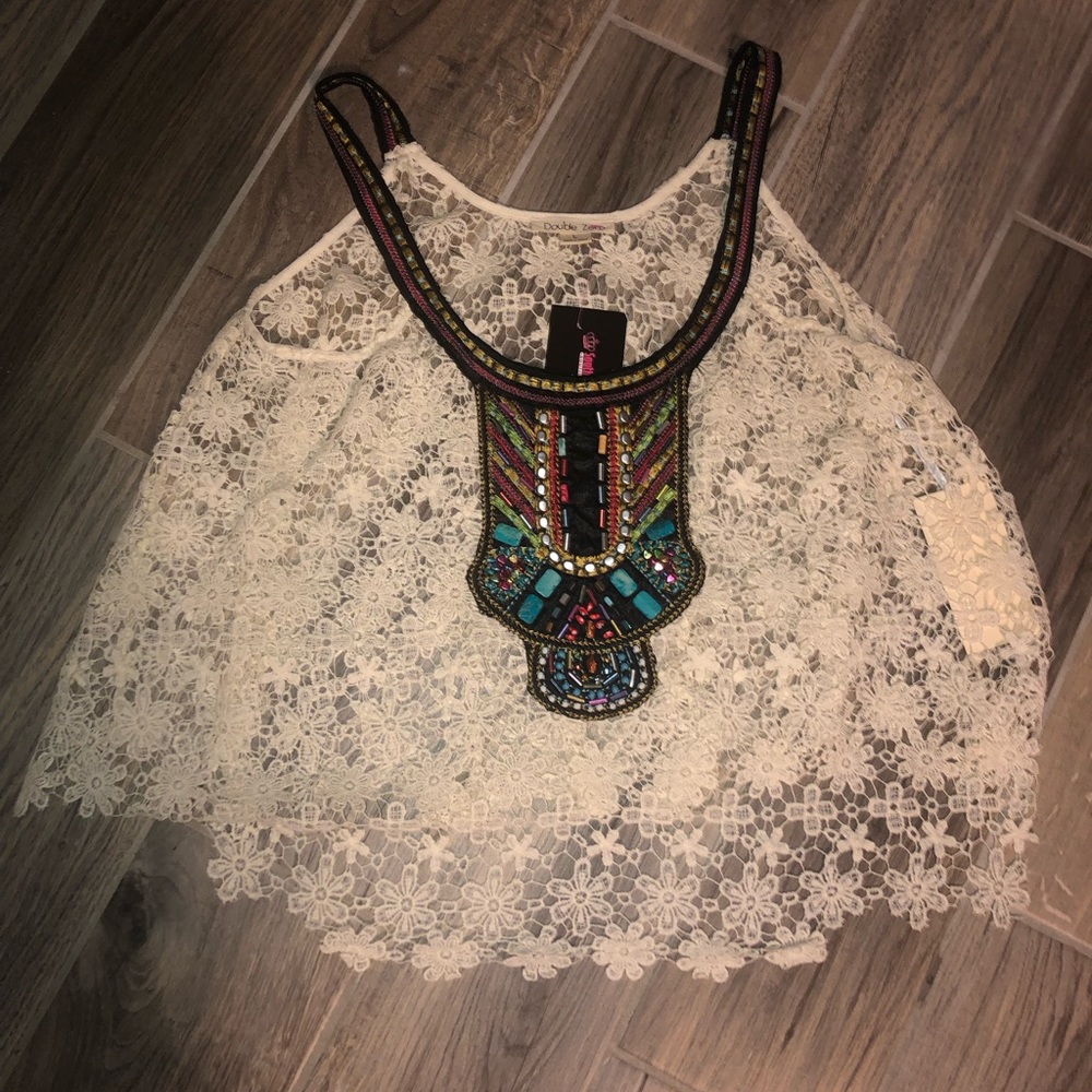 Lace tank with beaded and embroidered front